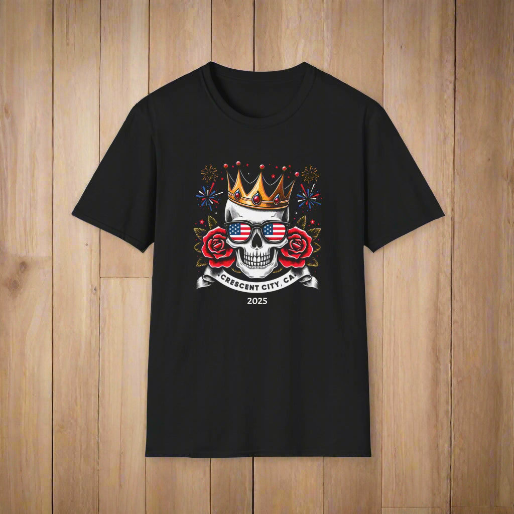 Black T-shirt with a graphic of a skull, roses, crown, and Crescent City, CA text below.