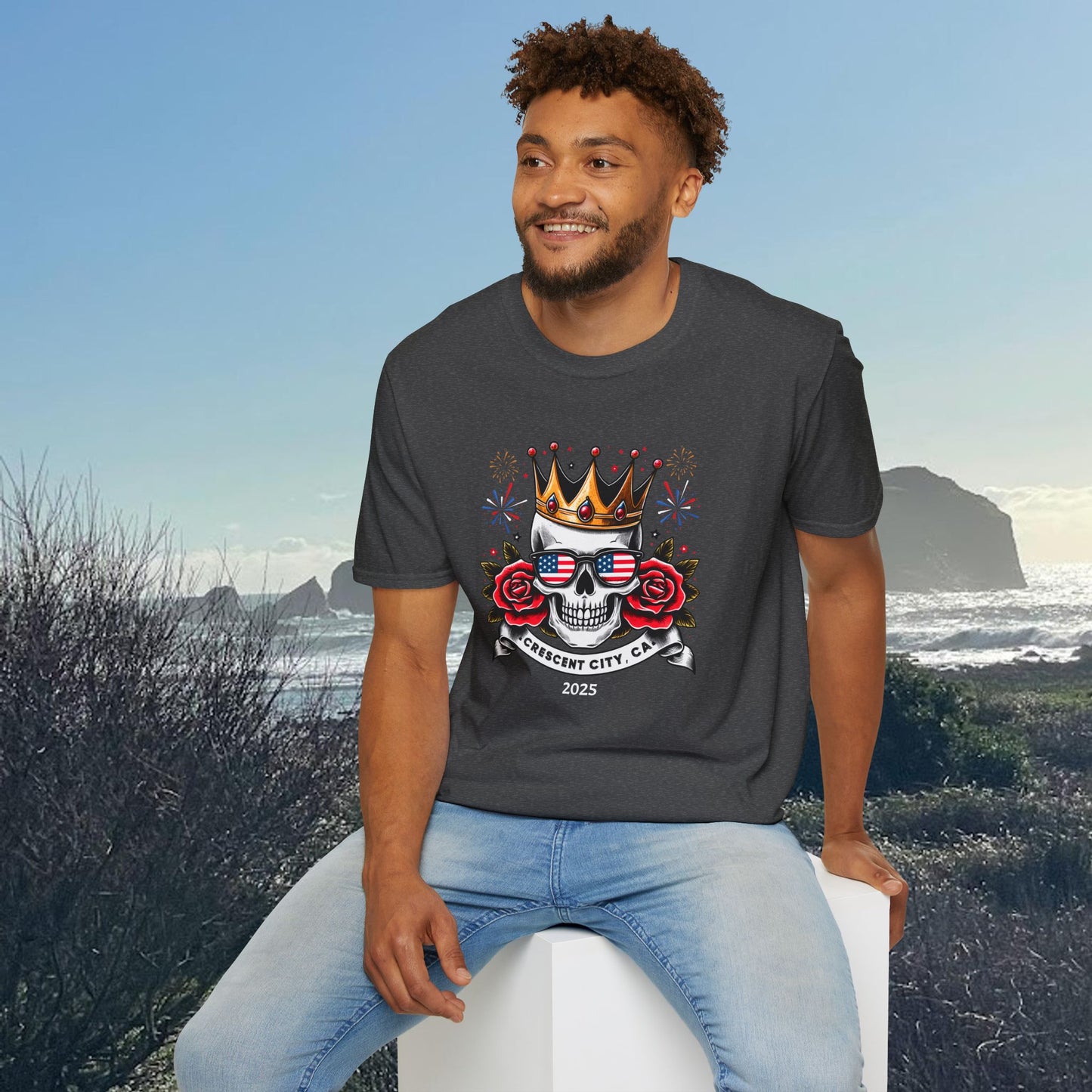 T-shirt with a graphic of a skull, roses, crown, and Crescent City, CA text below.