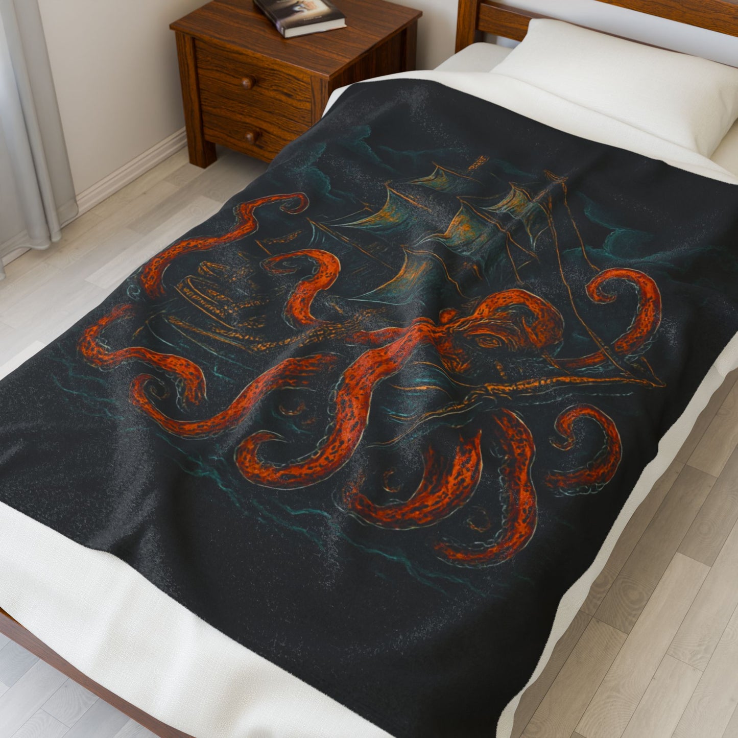 50" x 60" Black velveteen blanket with an octopus enveloping a pirate ship with stormy clouds in the background.