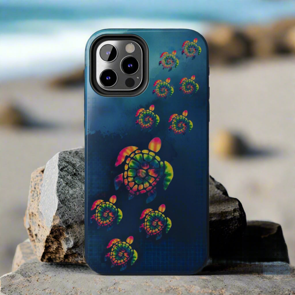 Phone case with colorful turtle design on a blue background