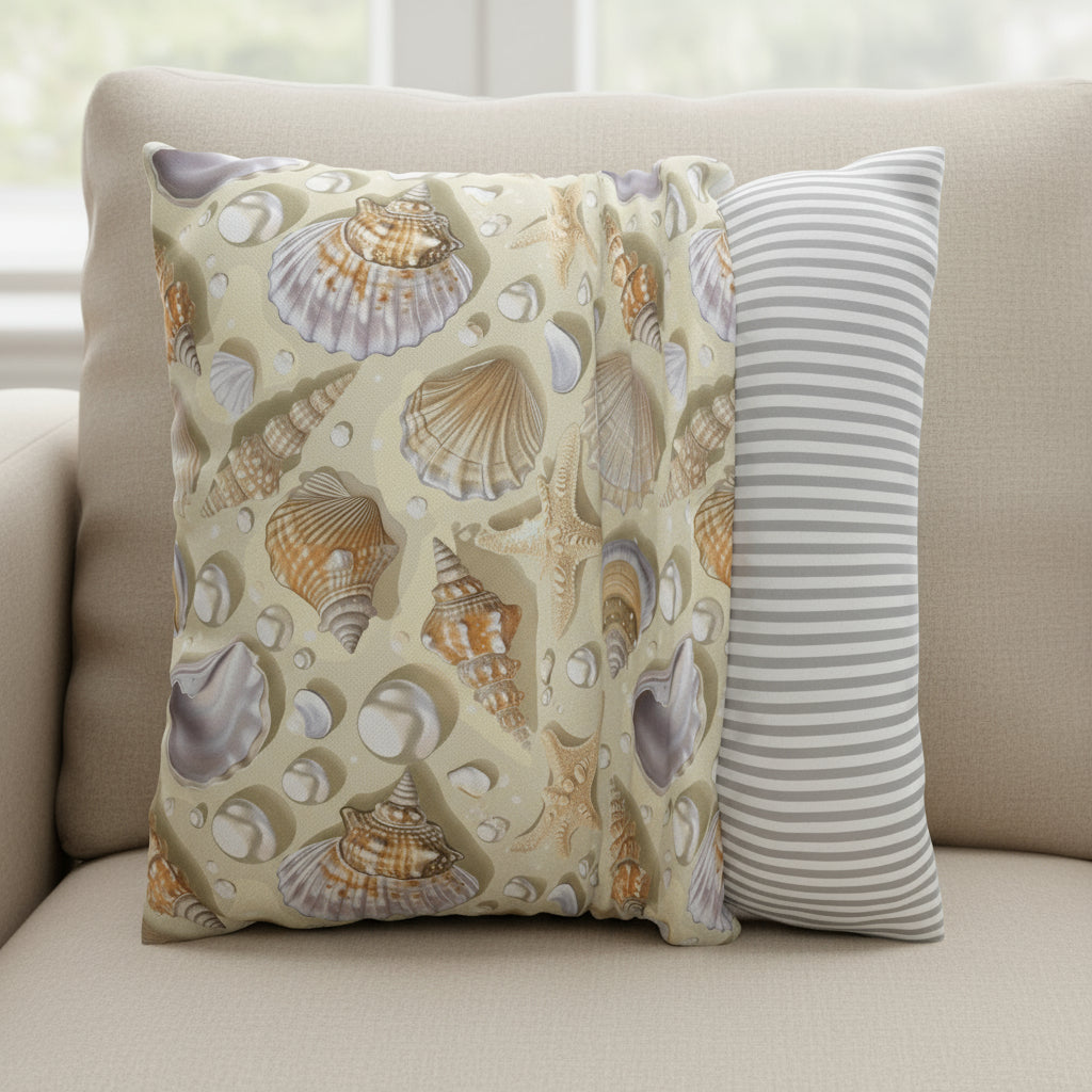 Decorative pillow case with shell pattern showing the ease of removal.