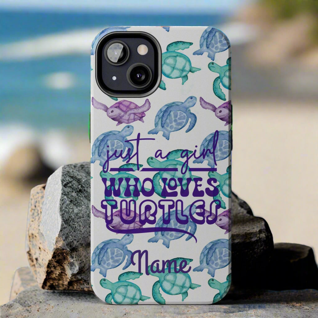 Phone case with sea turtle design and text on a gray background
