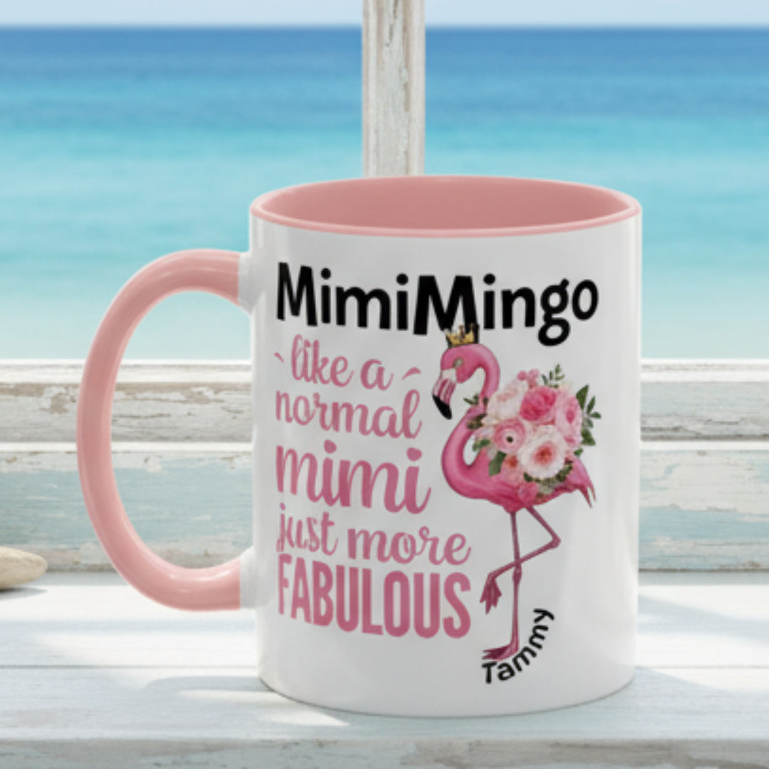 Mug with pink flamingo design and text on a white background