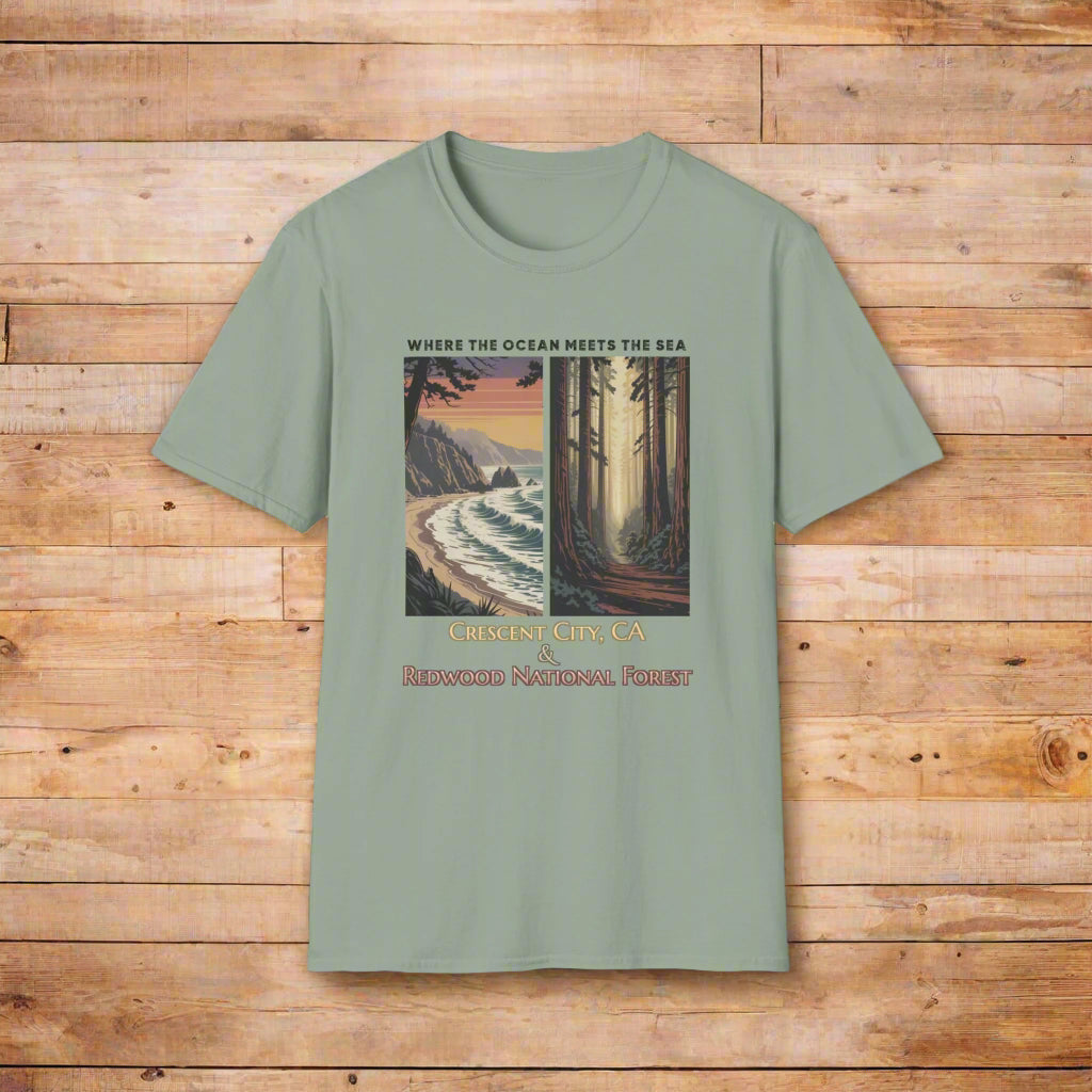 Sage green Unisex softstyle souvenir t-shirt with Crescent City & Redwood National Forest design in a California coastal theme.