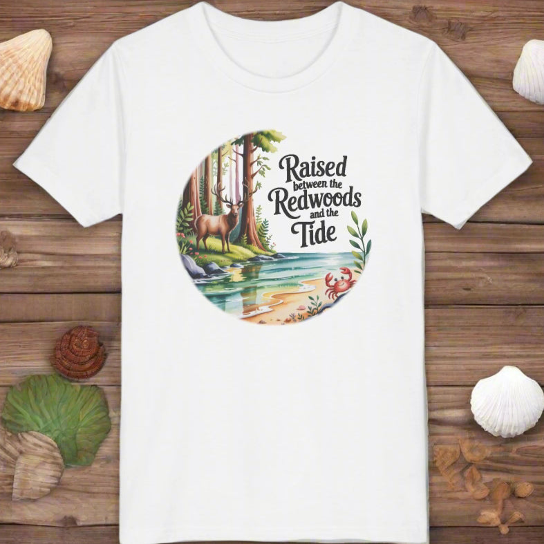 White t-shirt with nature-themed graphic and text on a white background