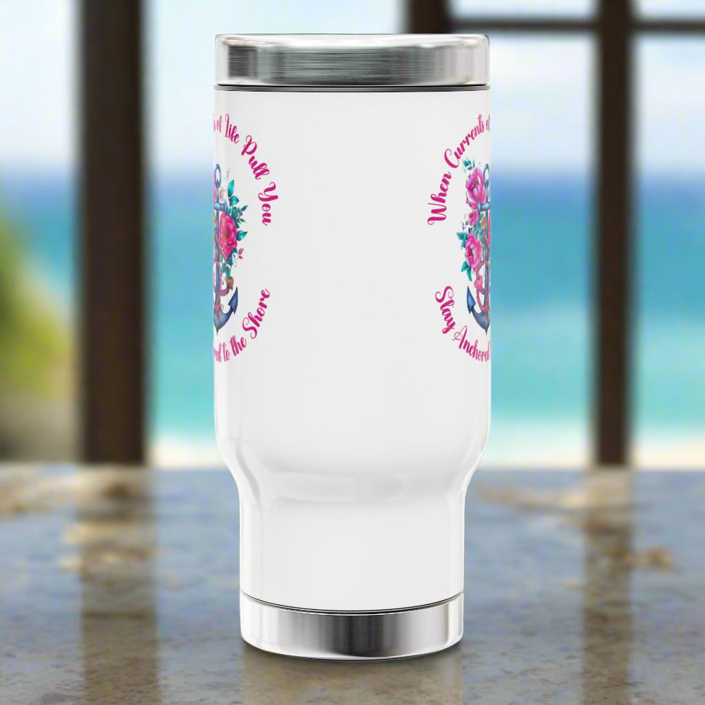 Blue anchor with hot pink flowers white stainless steel 14 oz. travel mug with inspirational quote “Stay Anchored to the Shore”.