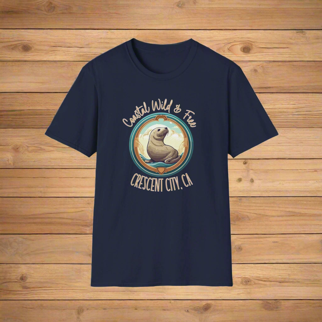 Navy blue t-shirt with a seal graphic and text on a white background
