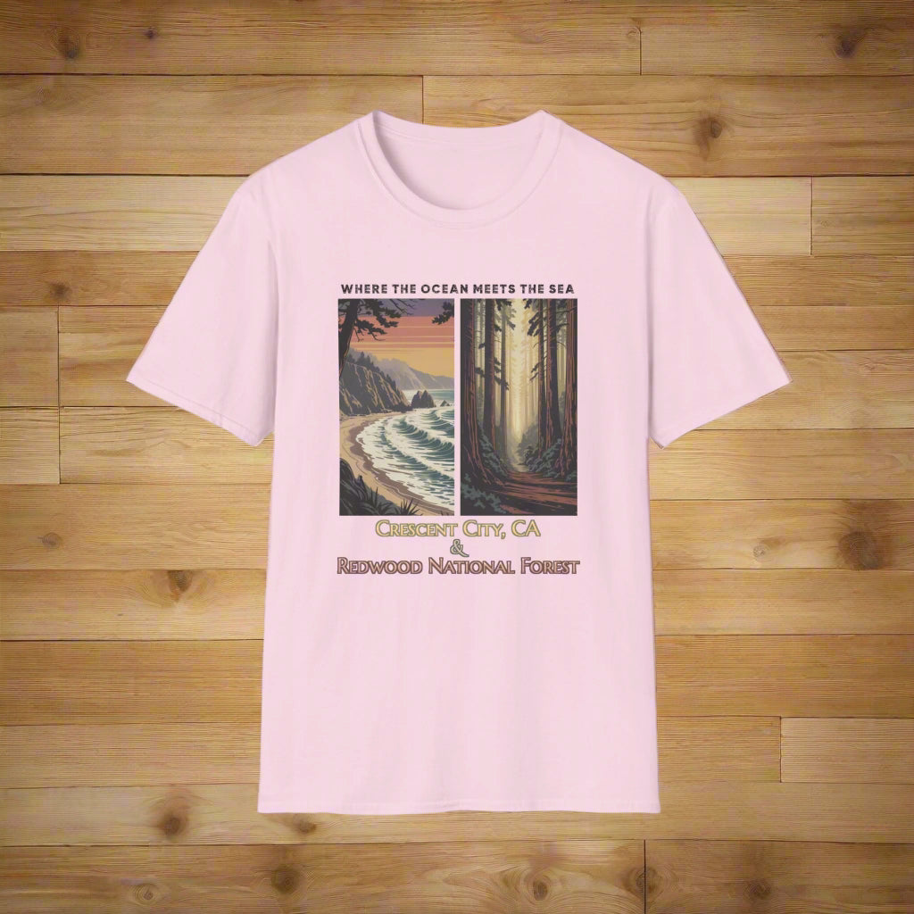 PInk Unisex softstyle souvenir t-shirt with Crescent City & Redwood National Forest design in a California coastal theme.