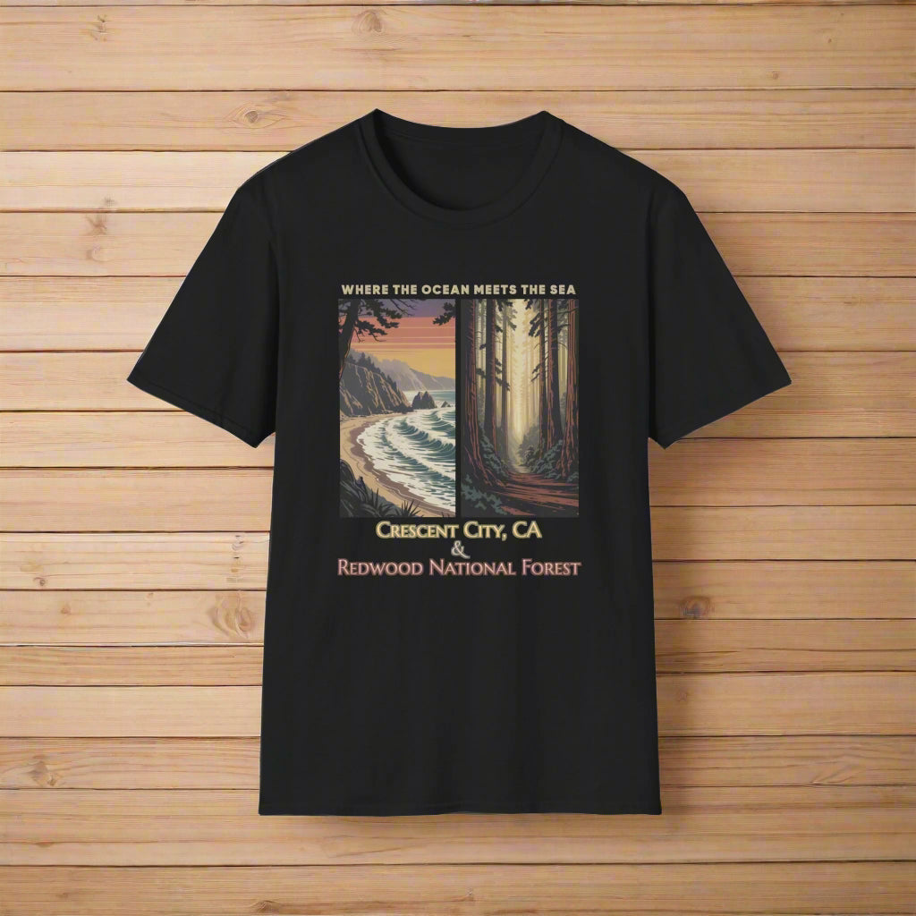 Black Unisex softstyle souvenir t-shirt with Crescent City & Redwood National Forest design in a California coastal theme.