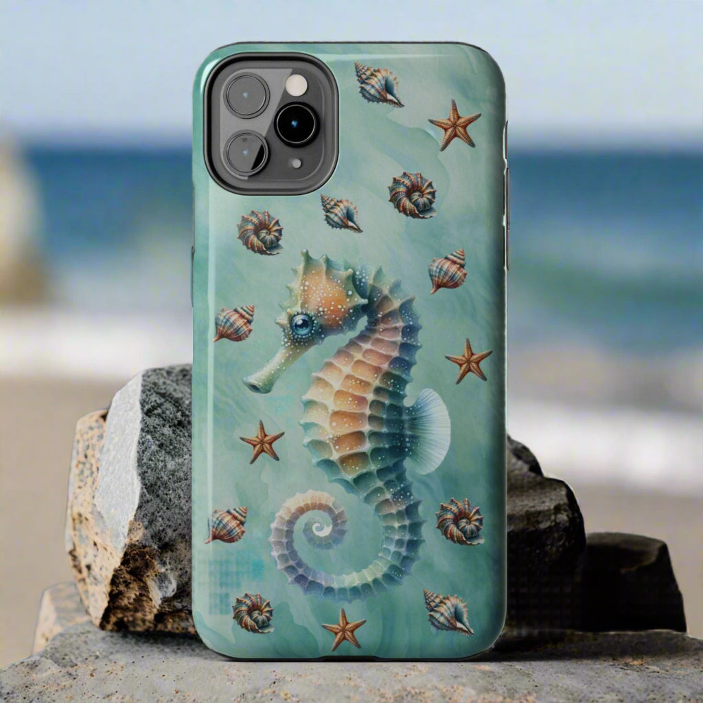 Phone case with seahorse design on a green background