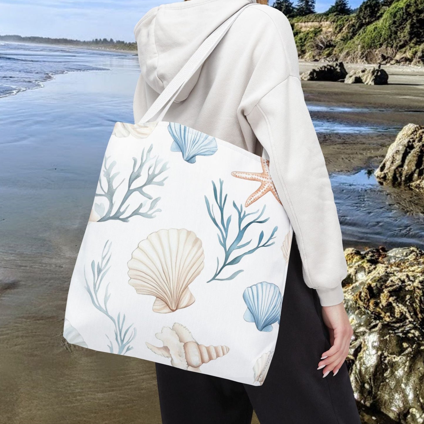 18" x 18" White tote bag with pastel blue and coral seashells, starfish, and underwater plants, with white handles.