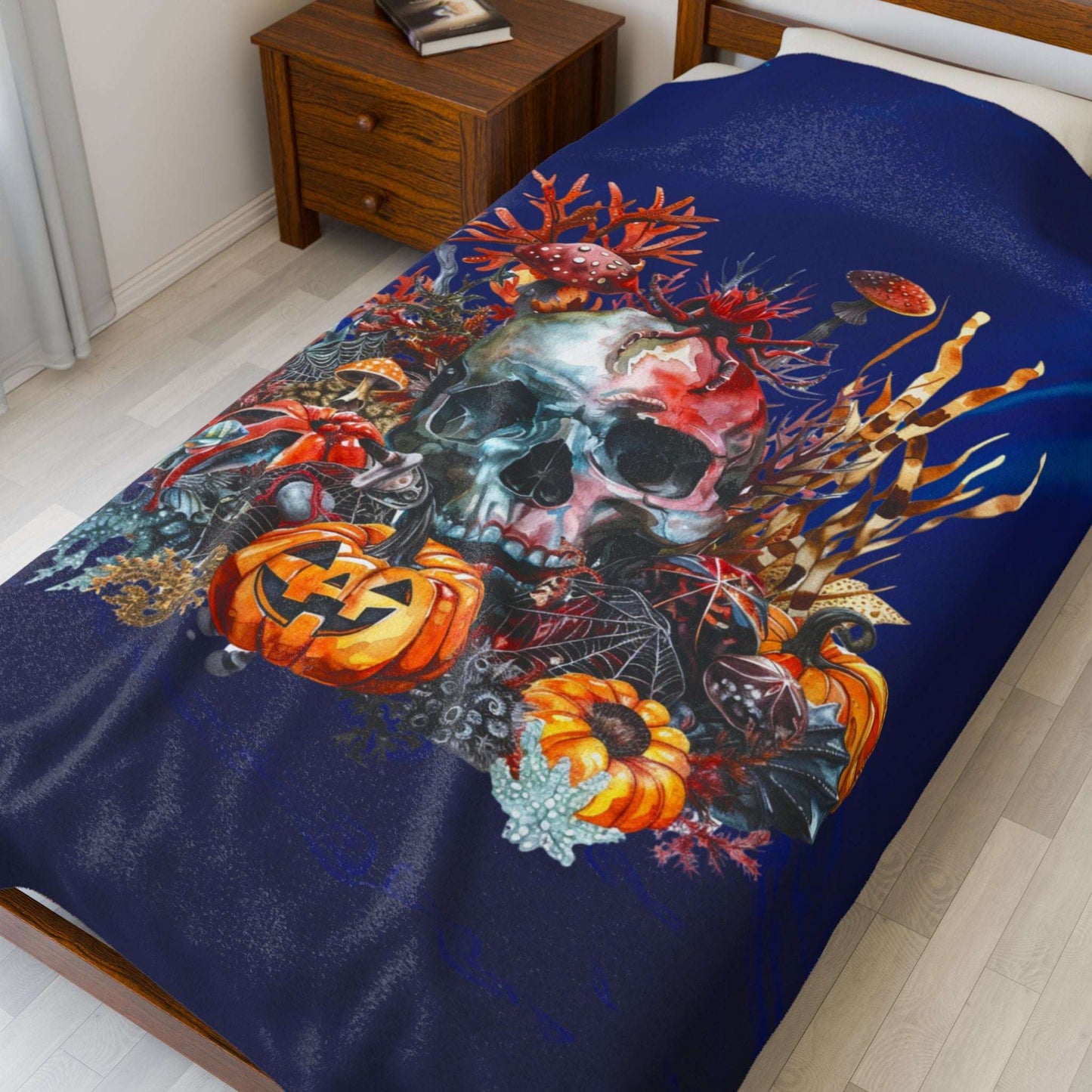 Halloween Skull Plush 60" x 80" Blanket with skull, pumpkins, and underwater plants on dark blue background.