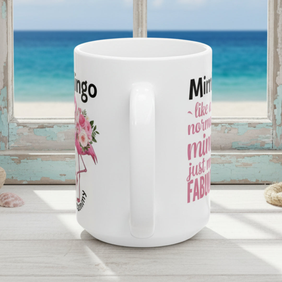 White mug with text and graphics on a white background