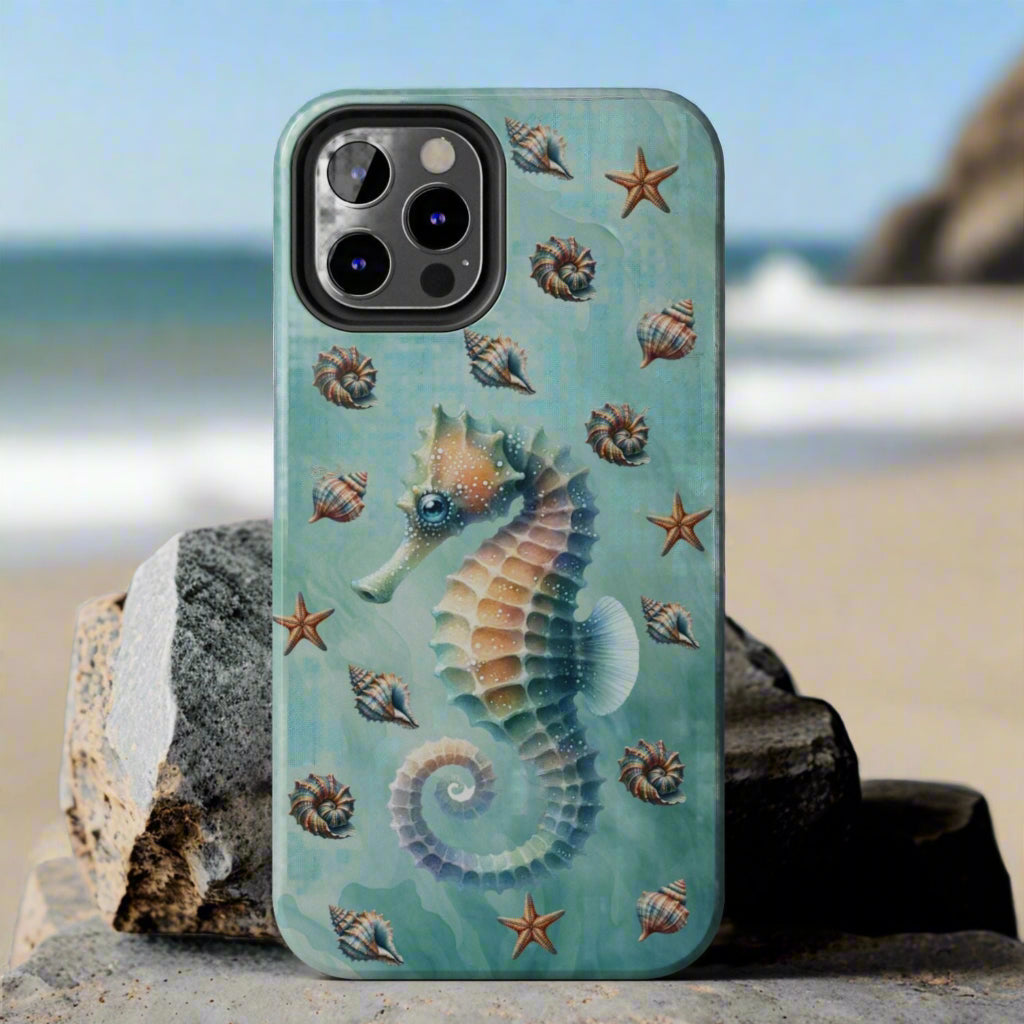 Phone case with a seahorse design on a green background