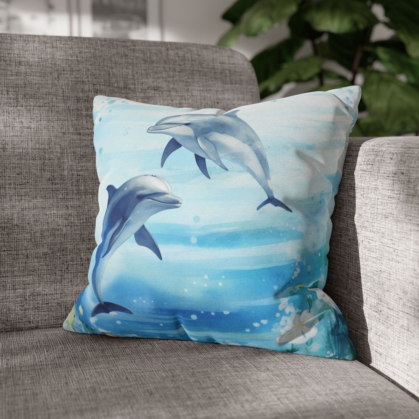 Pillow cover with a watercolor design of two dolphins in the water with flowers along the bottom edges.