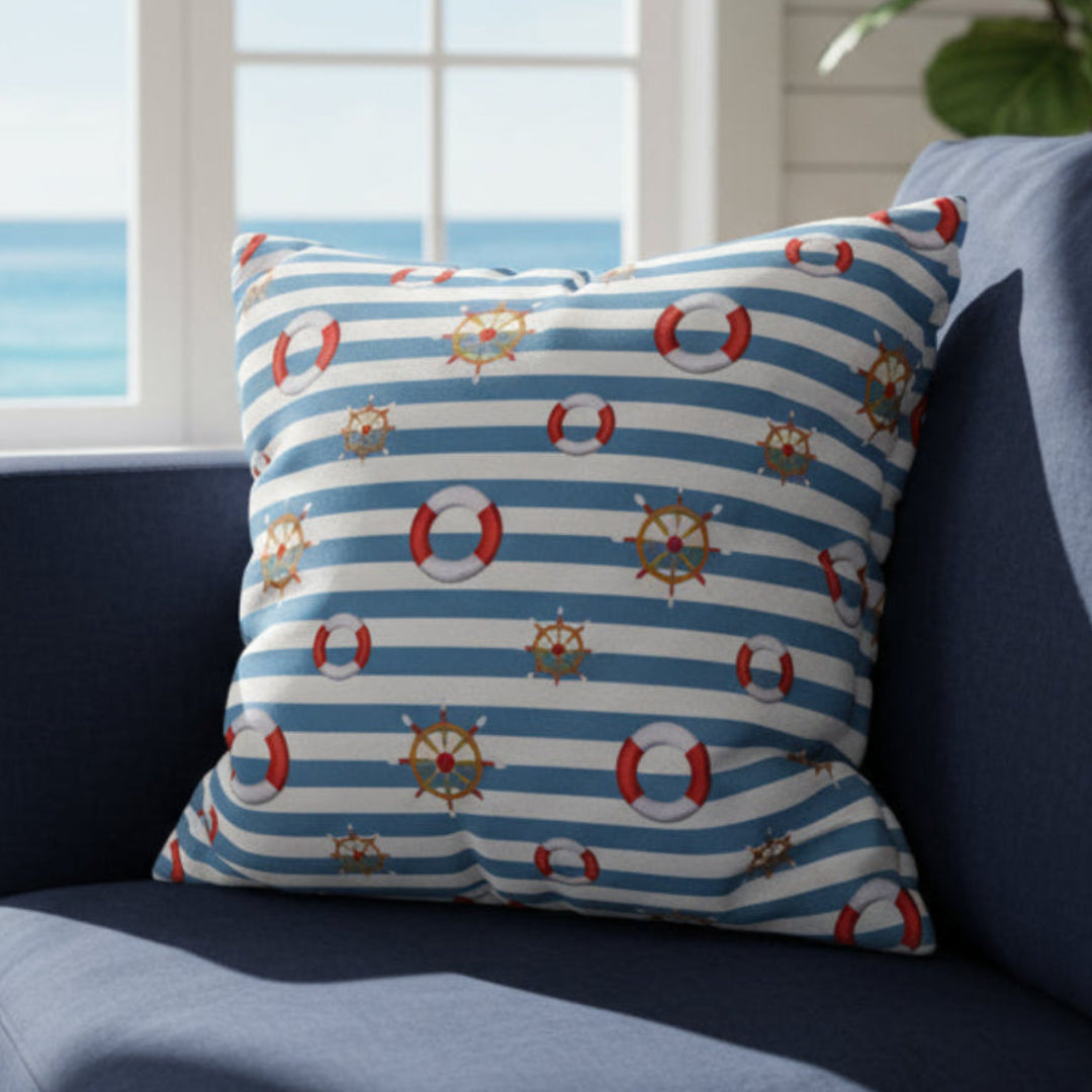 Decorative pillow with nautical pattern on a gray sofa