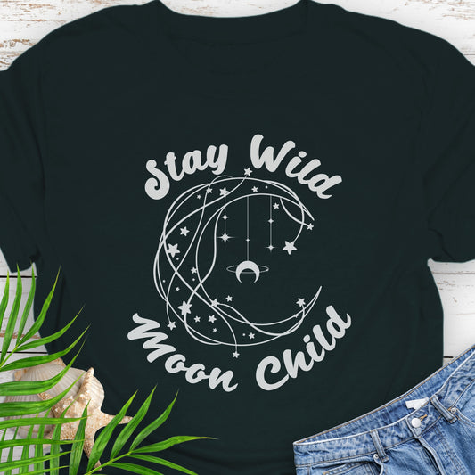 Black T-shirt with crescent shaped lines and hanging crescent moon and stars that says Stay Wild Moon Child.
