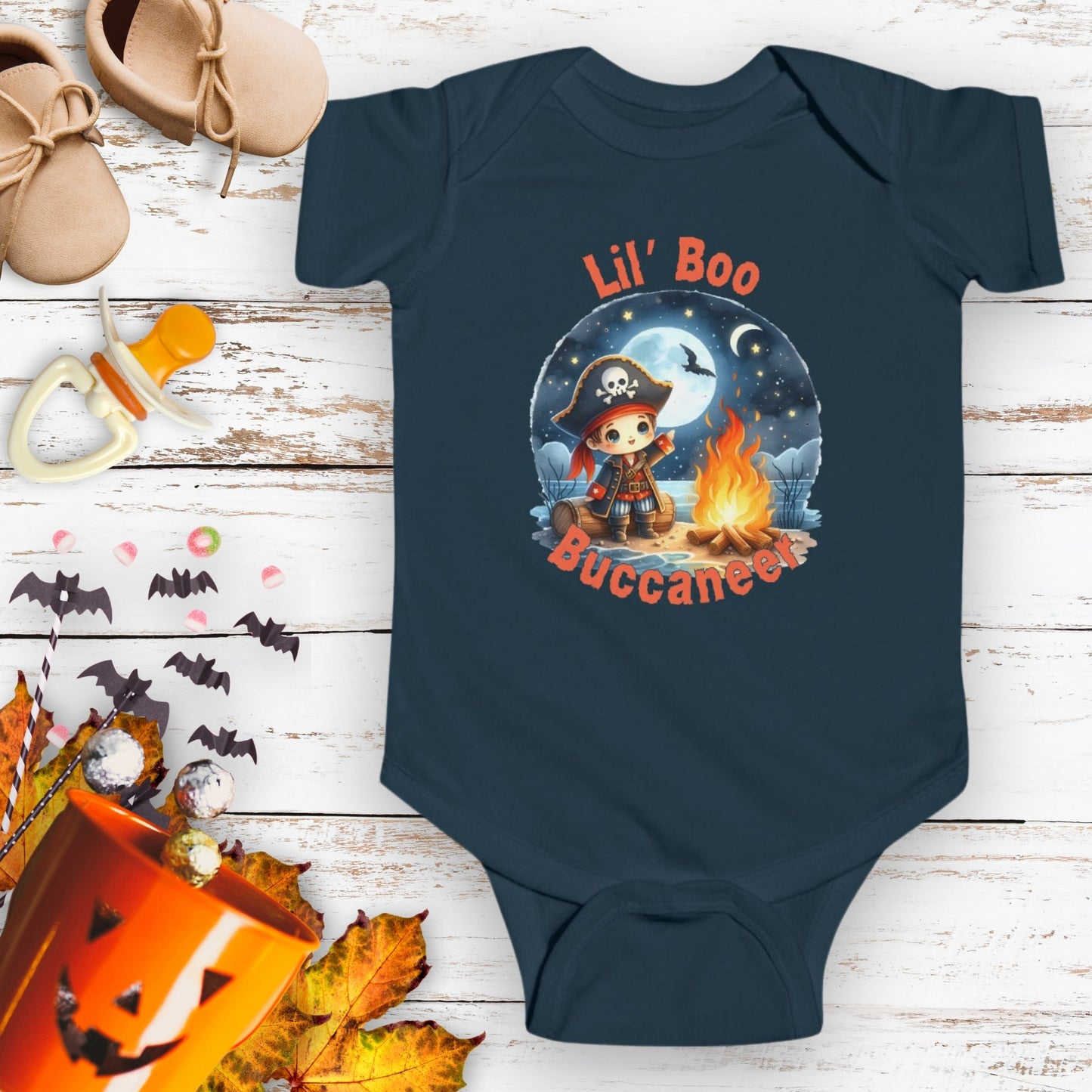Navy blue baby onesie featuring a pirate and text Lil Boo Buccaneer.