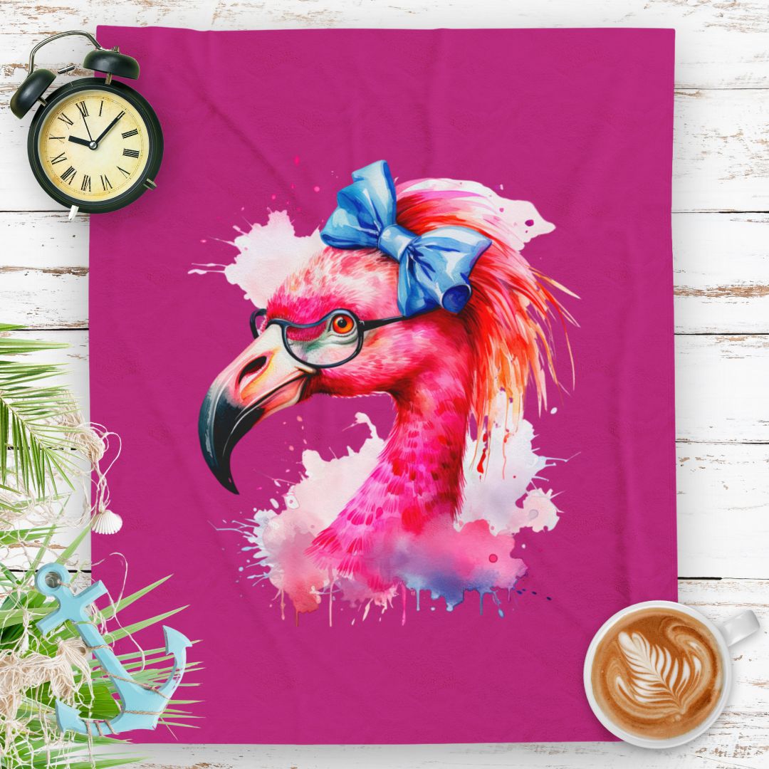 Glam Flamingo Plush Pink Blanket with watercolor flamingo head, glasses, and blue bow.