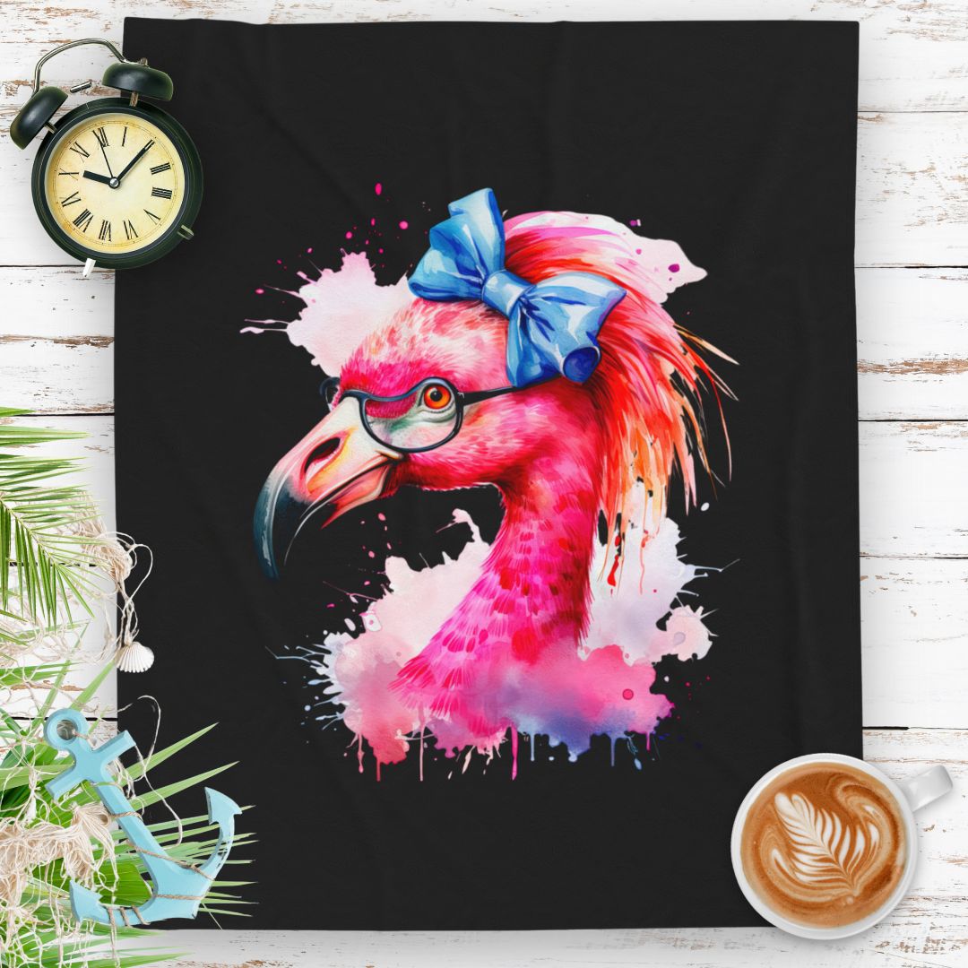 Glam Flamingo Plush Black Blanket with watercolor flamingo head, glasses, and blue bow.