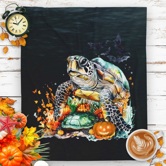Sea Turtle Plush Blanket with underwater plants and pumpkins on dark water background.