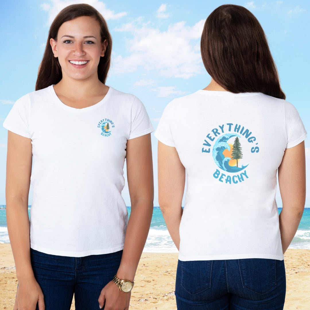 Person wearing a white women’s Everything’s Beachy logo t-shirt with pocket logo and full back design.
