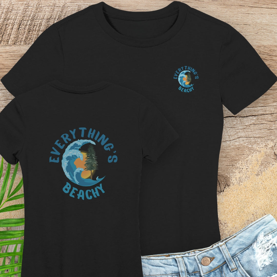 Two black women’s Everything’s Beachy logo t-shirt with pocket logo and full back design.