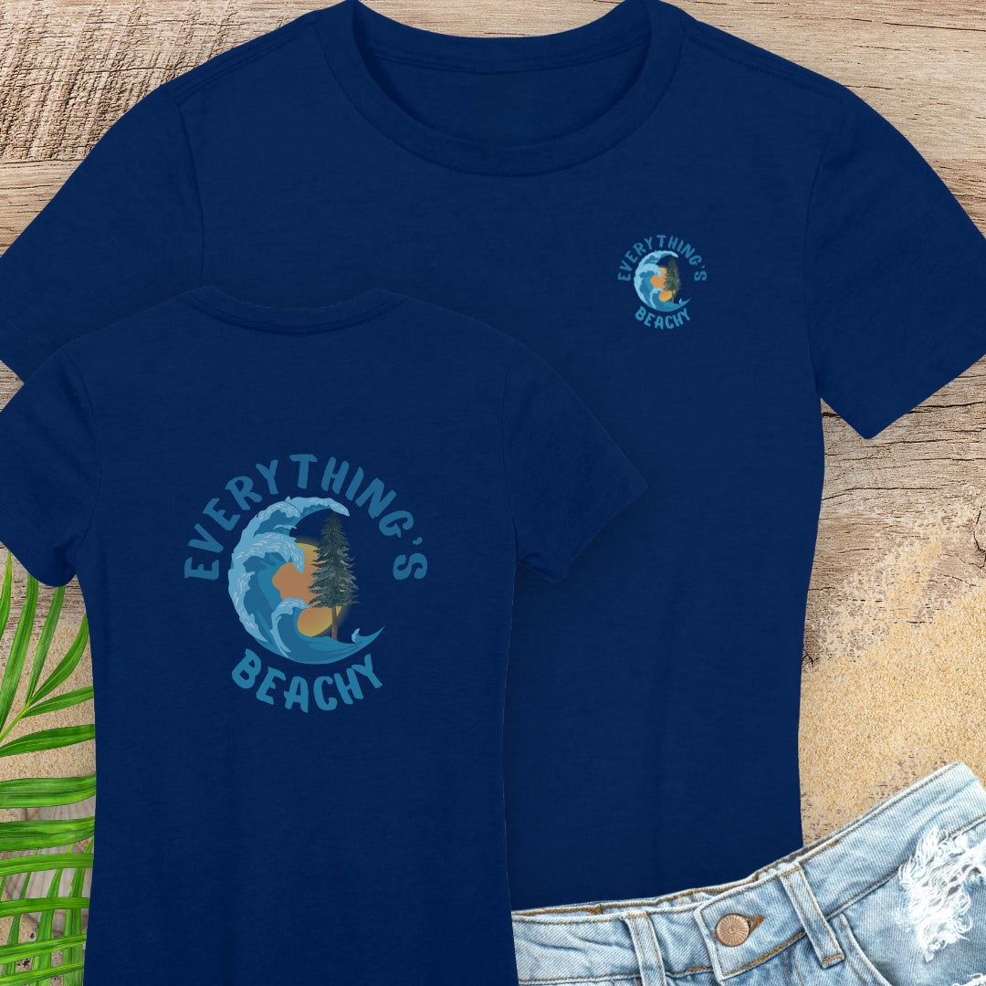 Two navy blue women’s Everything’s Beachy logo t-shirt with pocket logo and full back design.