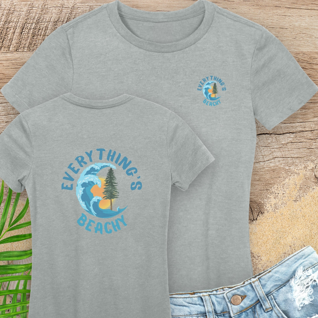 Gray women’s Everything’s Beachy logo t-shirt with pocket logo and full back design.