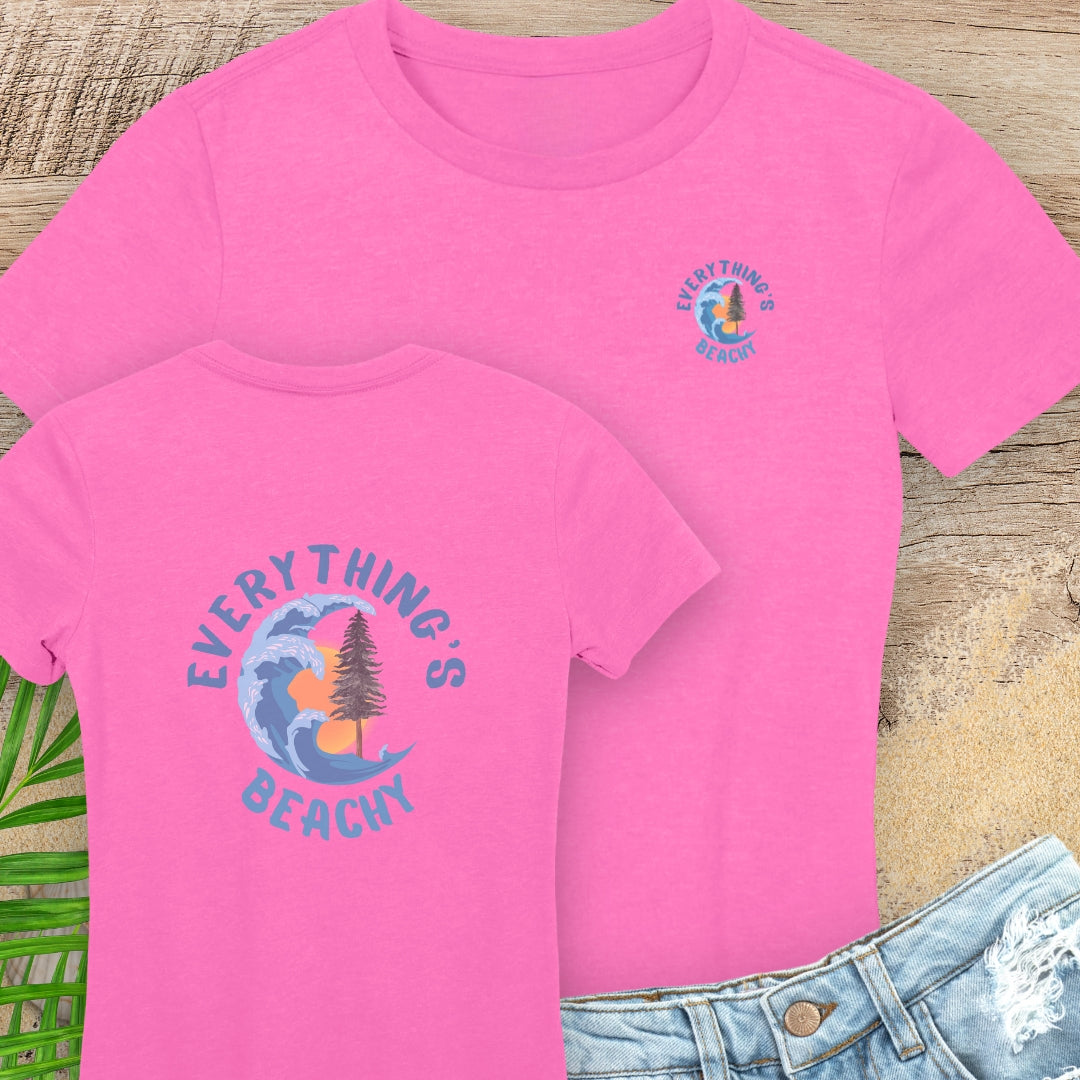 Two pink women’s Everything’s Beachy logo t-shirt with pocket logo and full back design.
