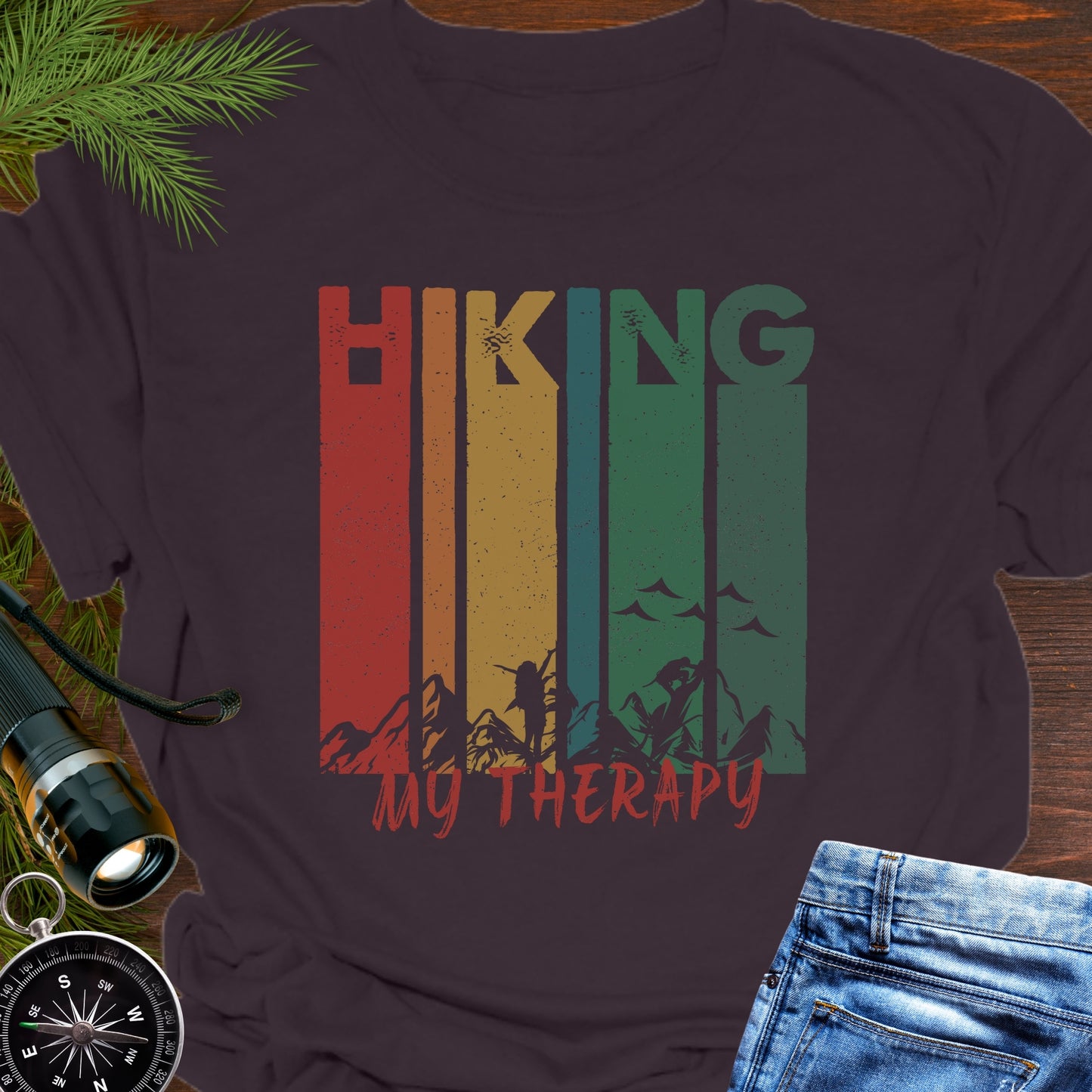 Dark Brown Retro Rainbow Line Text Hiking My Therapy unisex t-shirt for outdoor lovers.