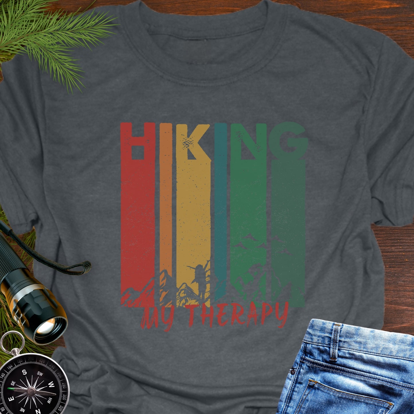 Dark Gray Retro Rainbow Line Text Hiking My Therapy unisex t-shirt for outdoor lovers.