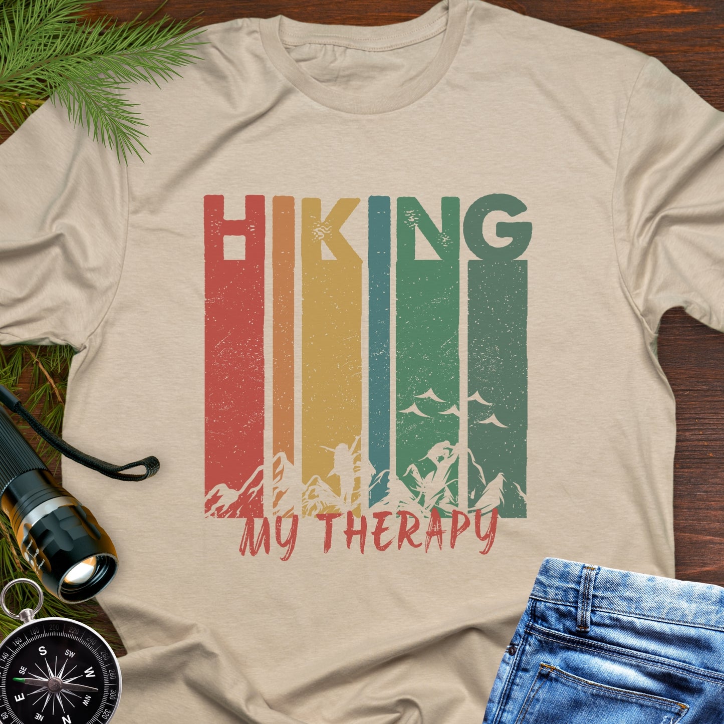 Beige Retro Rainbow Line Text Hiking My Therapy unisex t-shirt for outdoor lovers.