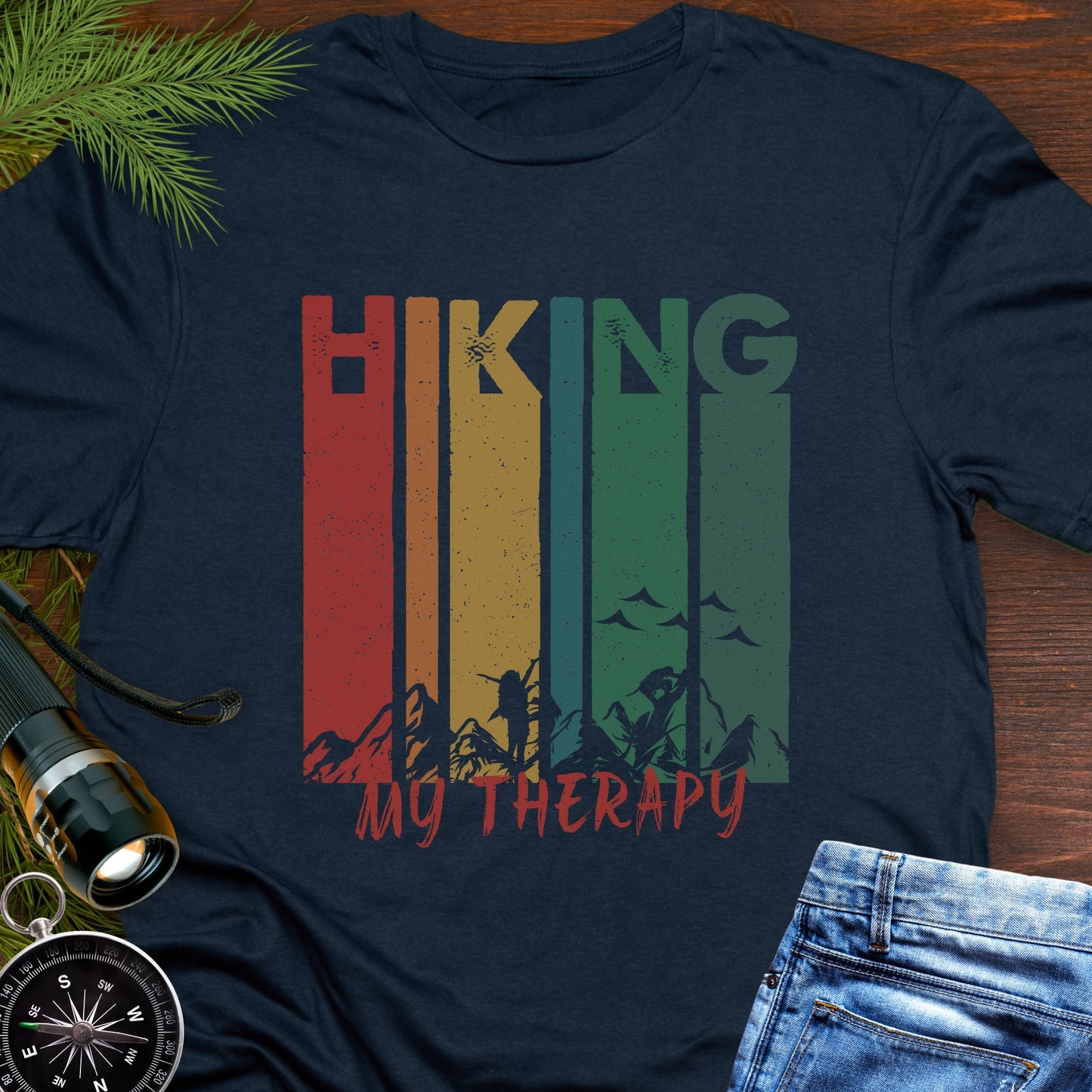Navy blue Retro Rainbow Line Text Hiking My Therapy unisex t-shirt for outdoor lovers.