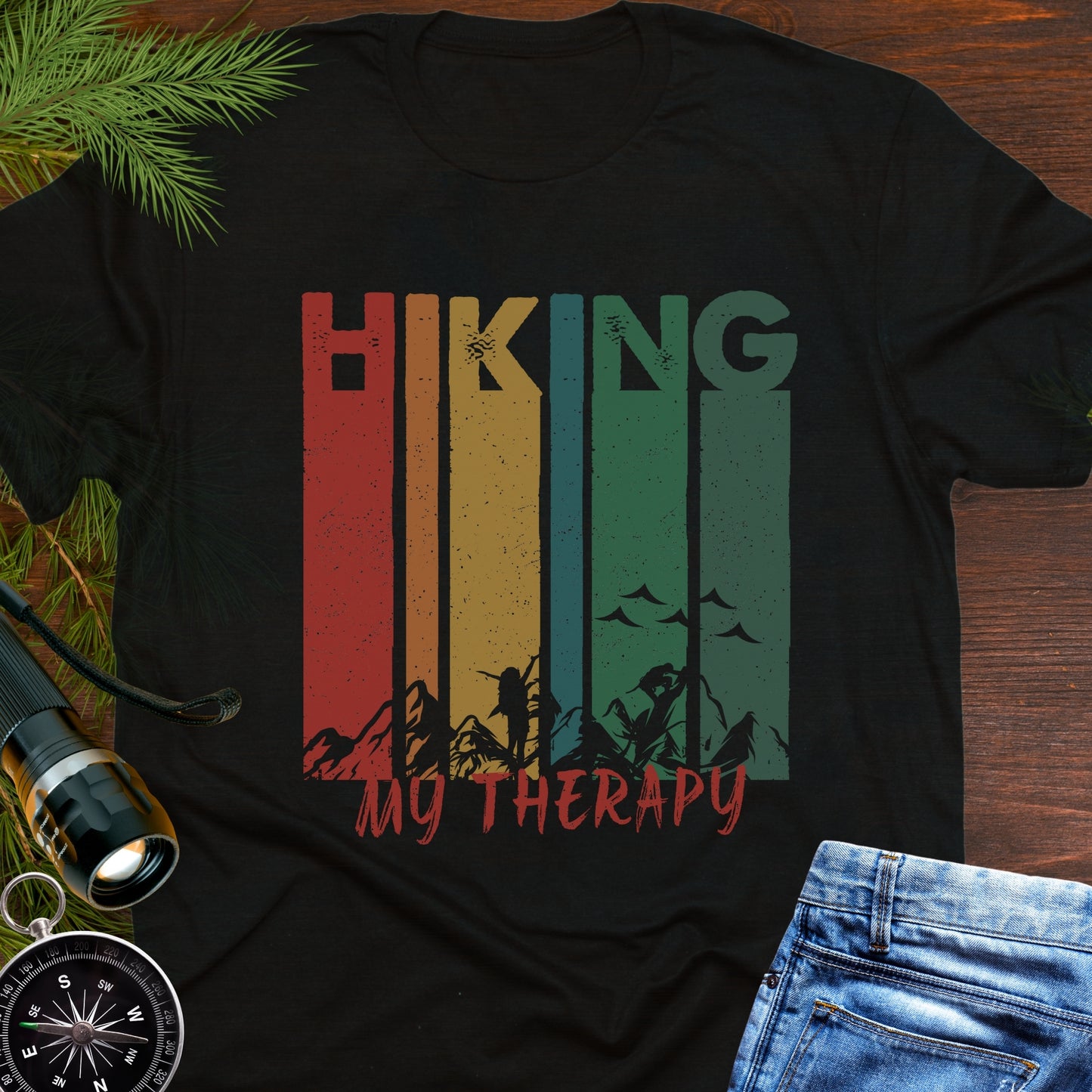 Black Retro Rainbow Line Text Hiking My Therapy unisex t-shirt for outdoor lovers.