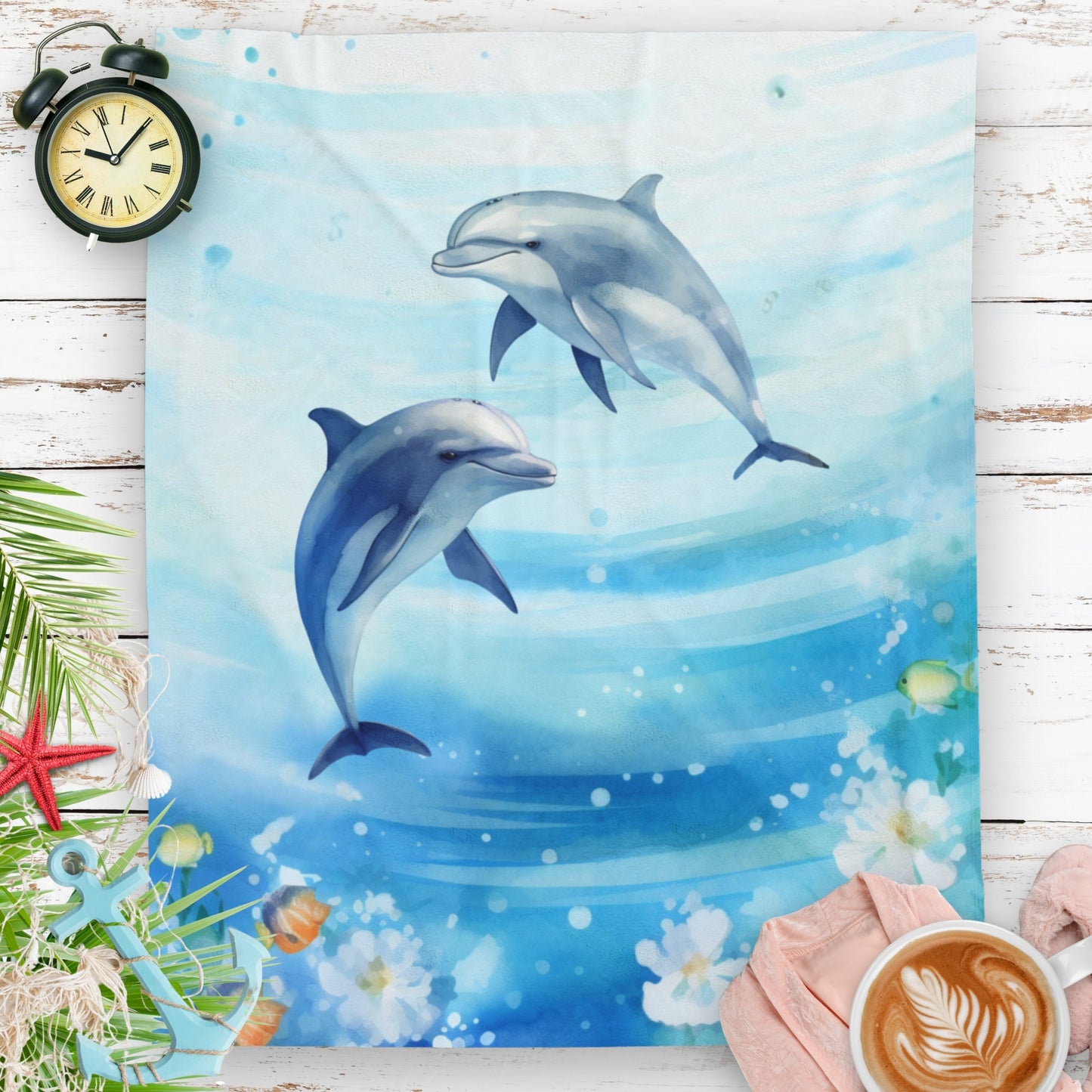 Tranquil Ocean Dolphin blanket with watercolor dolphin design and coastal theme.