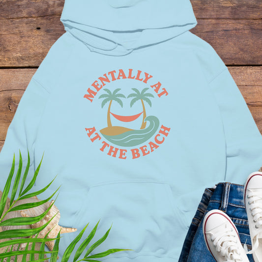 Light blue hoodie Mentally at the Beach retro with palm trees and hammock design.