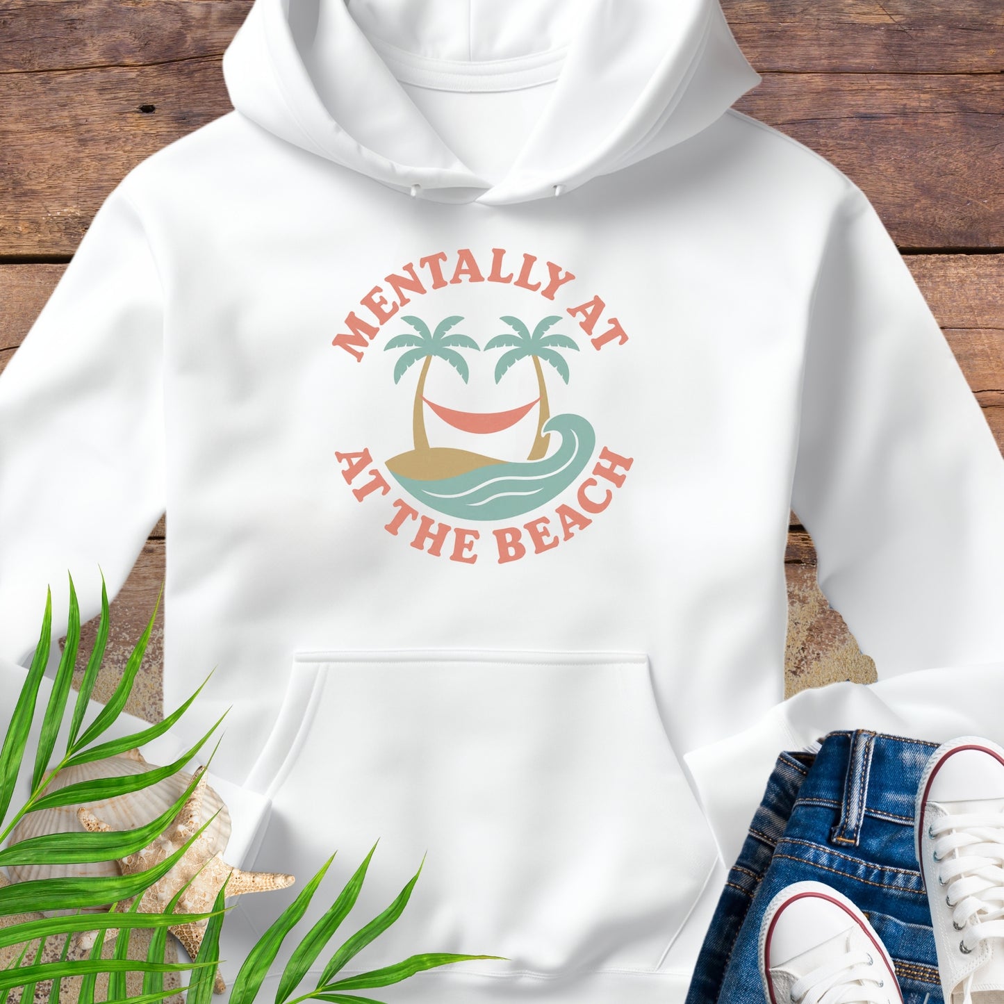 White hoodie Mentally at the Beach retro with palm trees and hammock design.