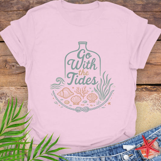 Pink Go With the Tides t-shirt with ocean bottle design, seashells, and coral artwork.
