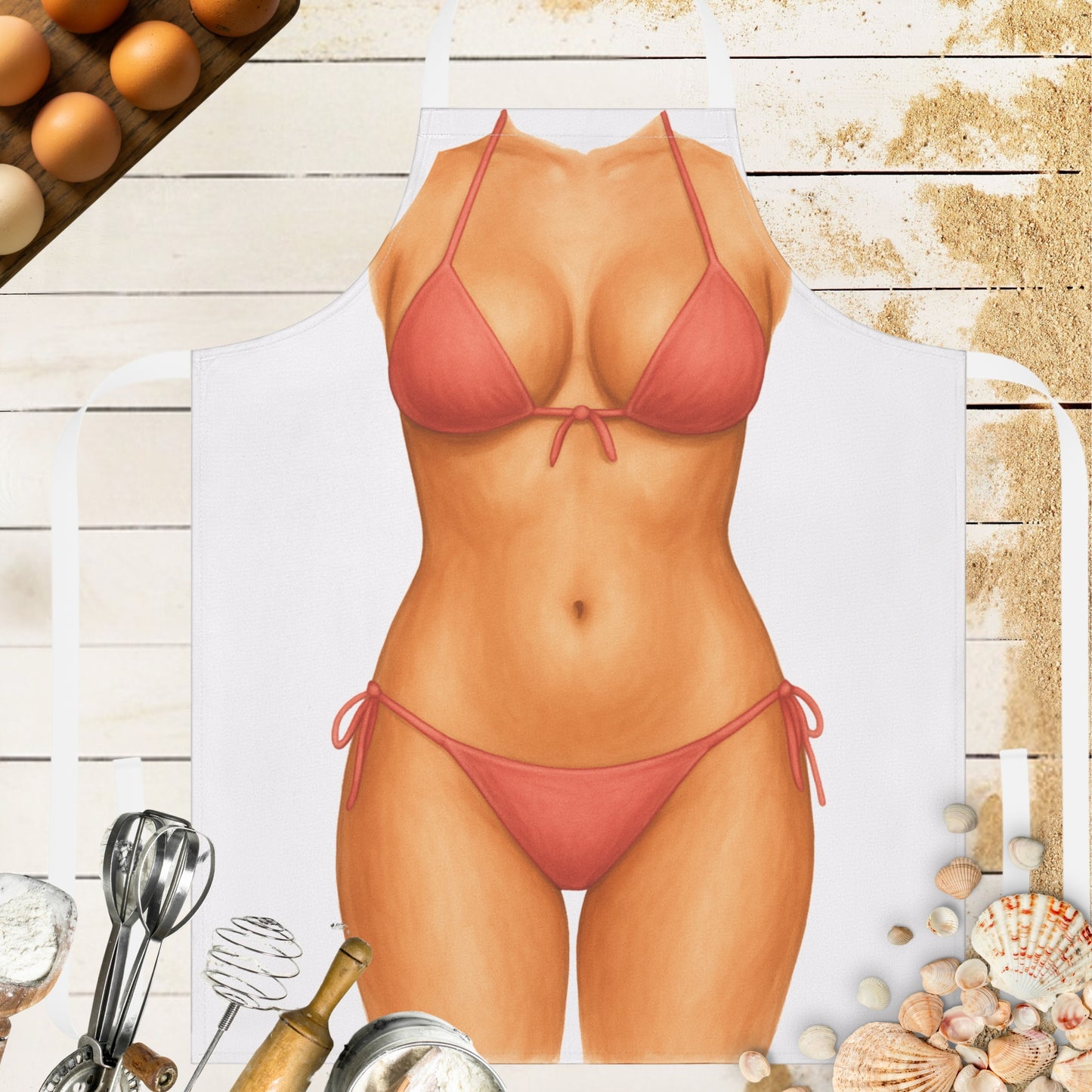 Apron with the body of a woman in a red bikini.