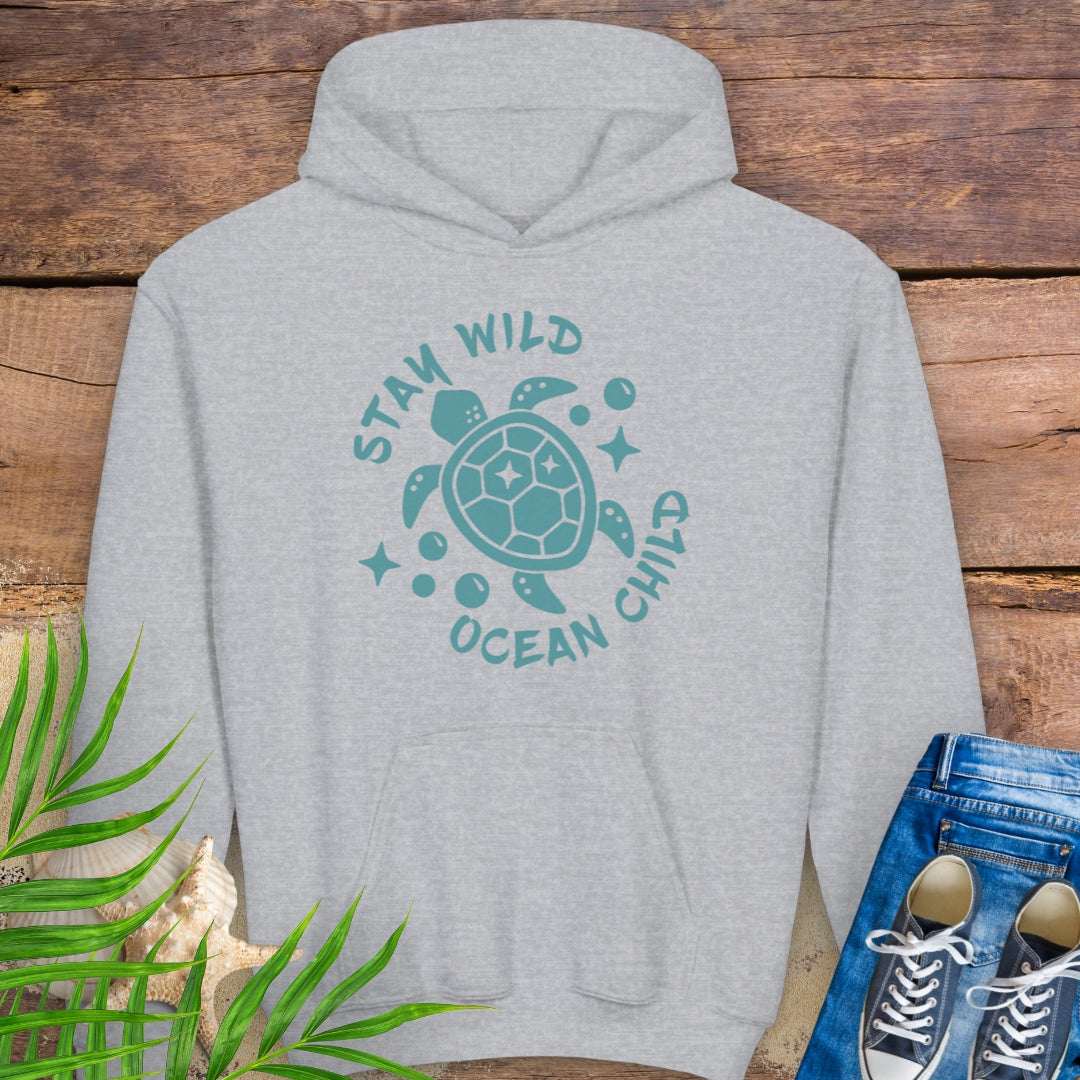 Gray hoodie with sea turtle design and 'Stay Wild, Ocean Child' text.