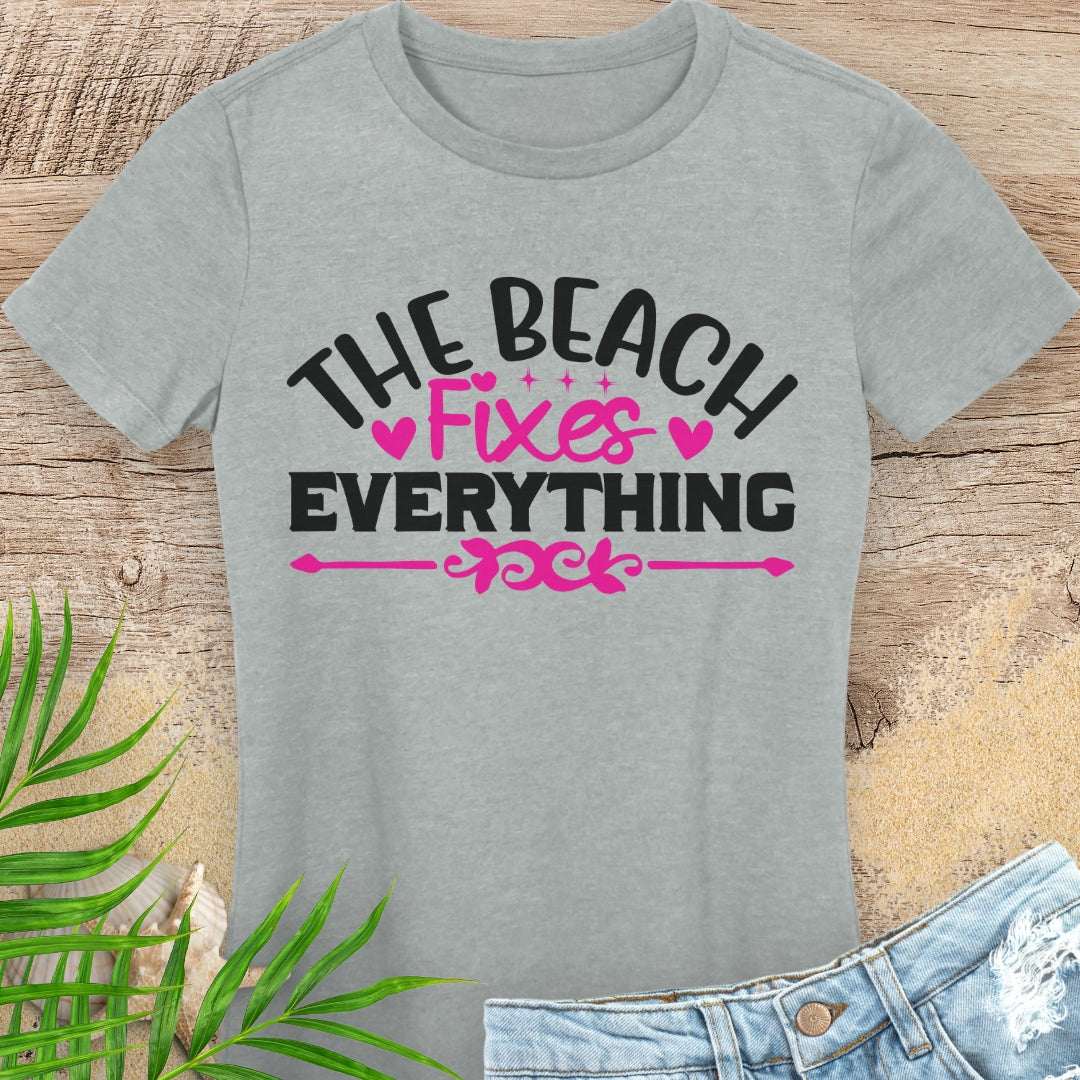 Gray t-shirt with 'The Beach Fixes Everything' text.