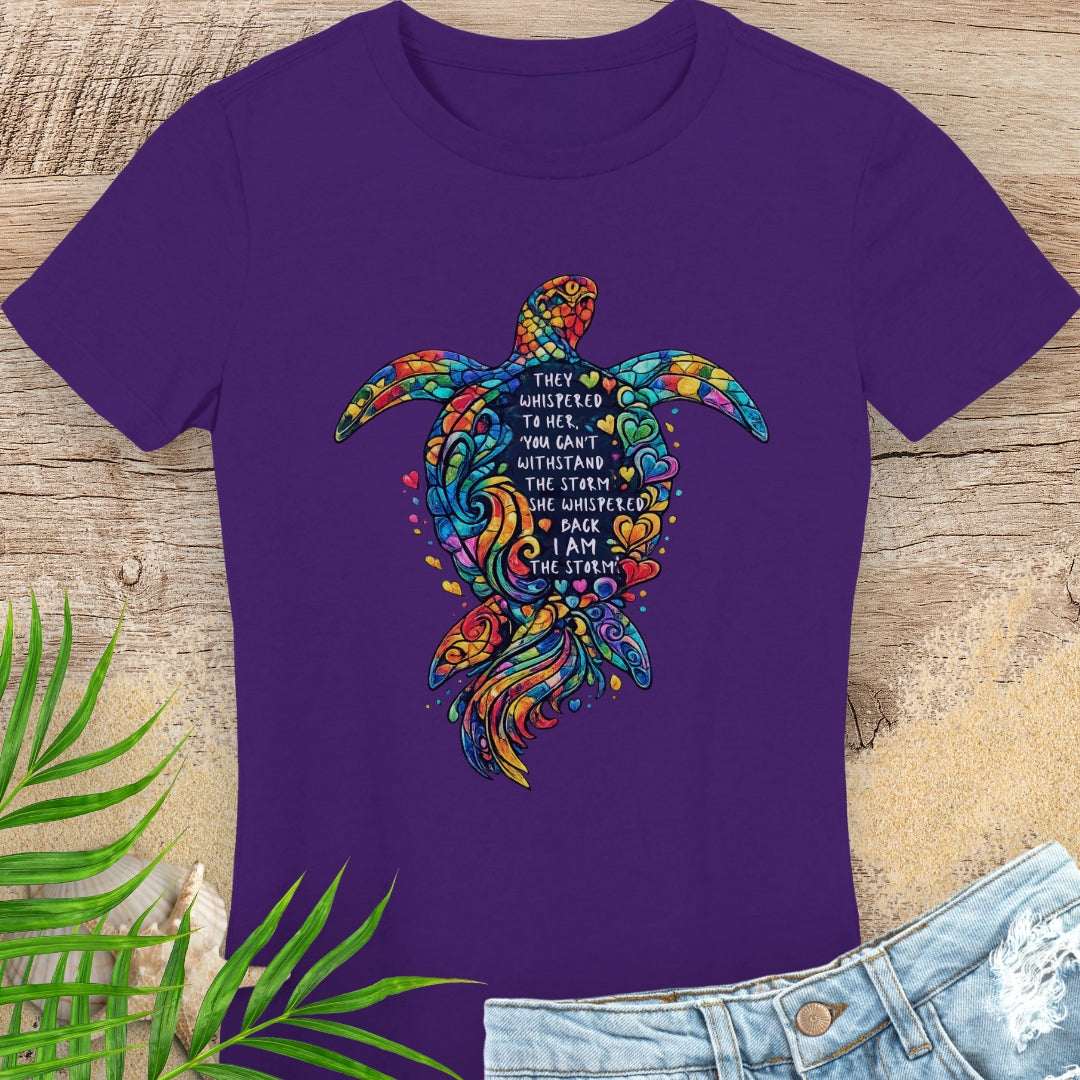 Purple t-shirt with a colorful sea turtle design with a motivational quote.