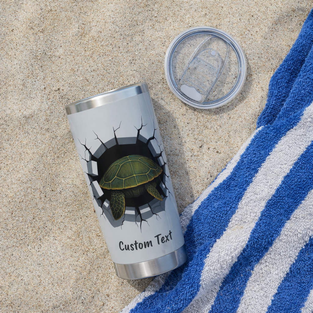Stainless steel tumbler with turtle design on sand next to a blue and white towel