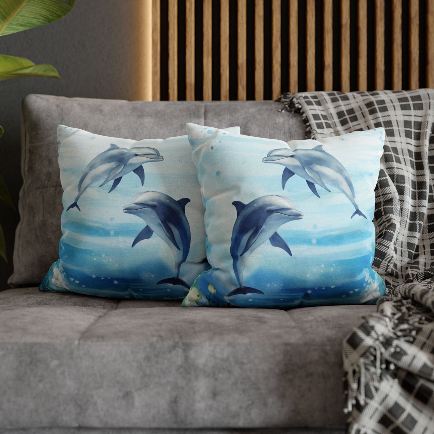 Two decorative pillow cover with a watercolor design of two dolphins in the water with flowers along the bottom edges showing the double-sided print.