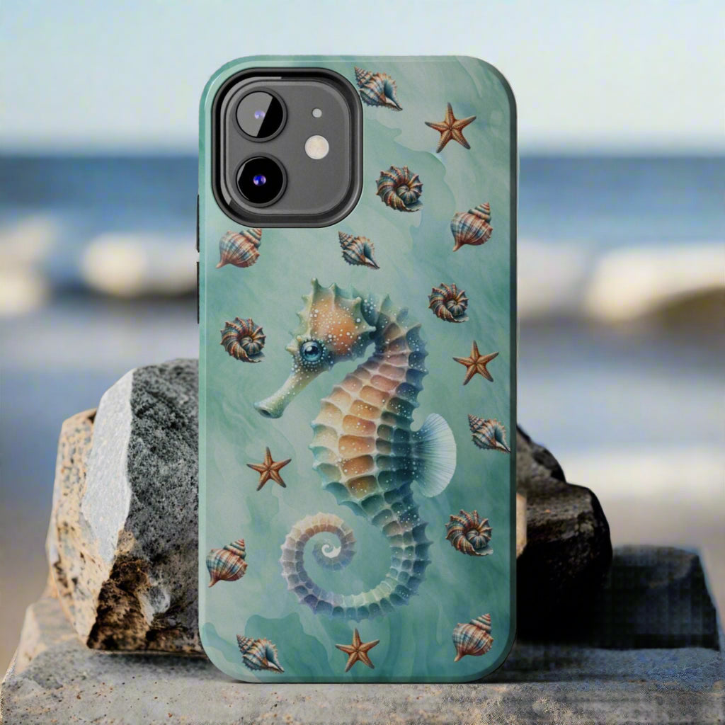 Phone case with a seahorse design on a green background