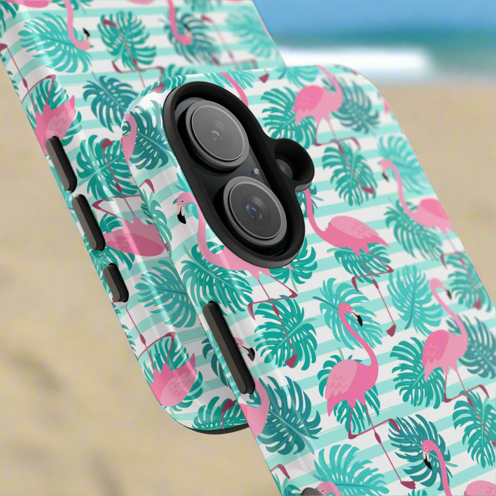 Phone case with pink flamingo and green leaf pattern on a light blue background
