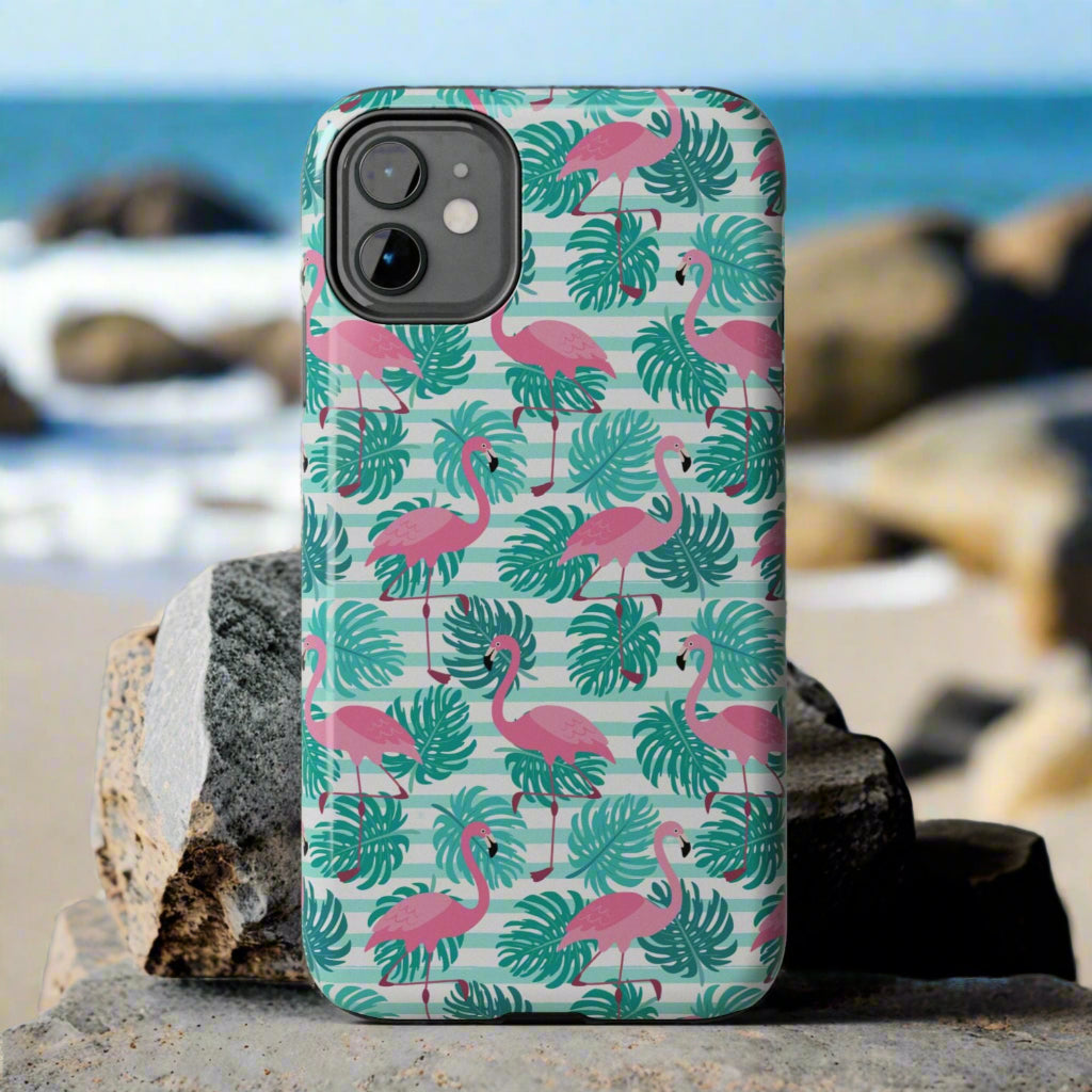Phone case with flamingo and leaf pattern on a aqua and white striped background