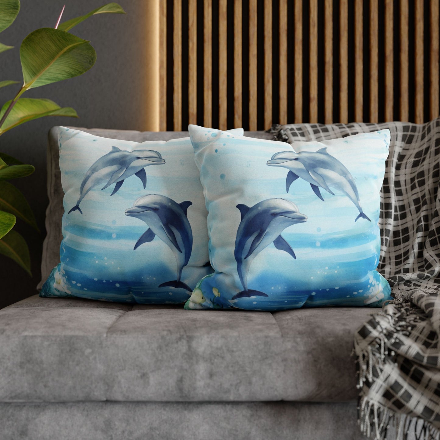 Two decorative pillow cover with a watercolor design of two dolphins in the water with flowers along the bottom edges showing the double-sided print.