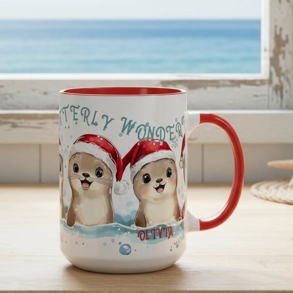 Mug with cartoon otters wearing Santa hats and 'Otterly Wonder' text on a white background